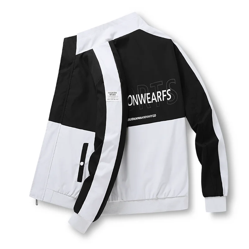 

Spring Youth Fashion Standing Collar Jacket Jacket Printed Letters Color Blocking Jacket Mens Portable Pocket Sports Cardigan
