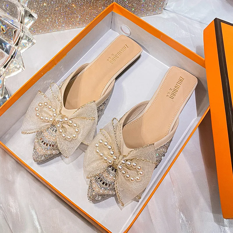 Pearl Water Diamond Women's Slippers Summer Flip Flops Women New Bow Flat Sandals Mules Shoes Large Women's Shoes