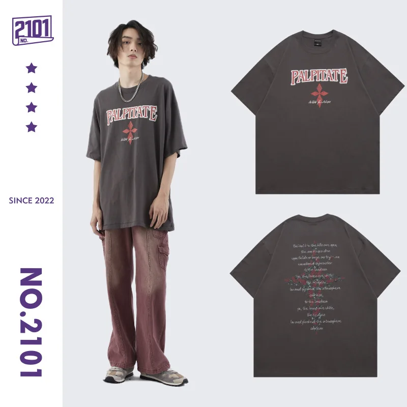 

KAZUE-Summer new men's and women's retro high street tide brand rose print 200g cotton short-sleeved t-shirt
