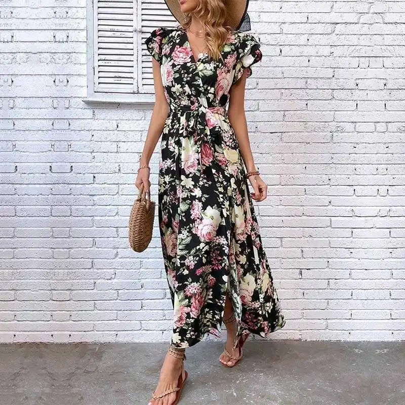 

Womens Summer Vacation Mid Dresses Length Split Floral Polyester Dress
