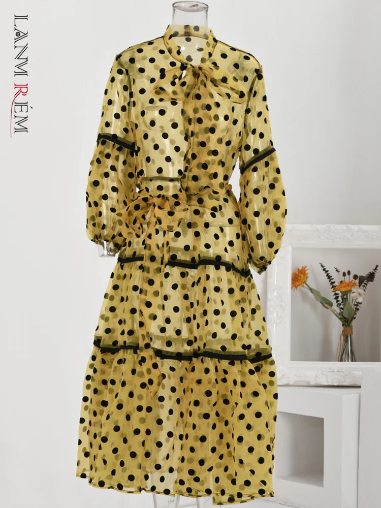 

Платье LANMREM женское длинное в горошек, с рукавами-фонариками и поясом