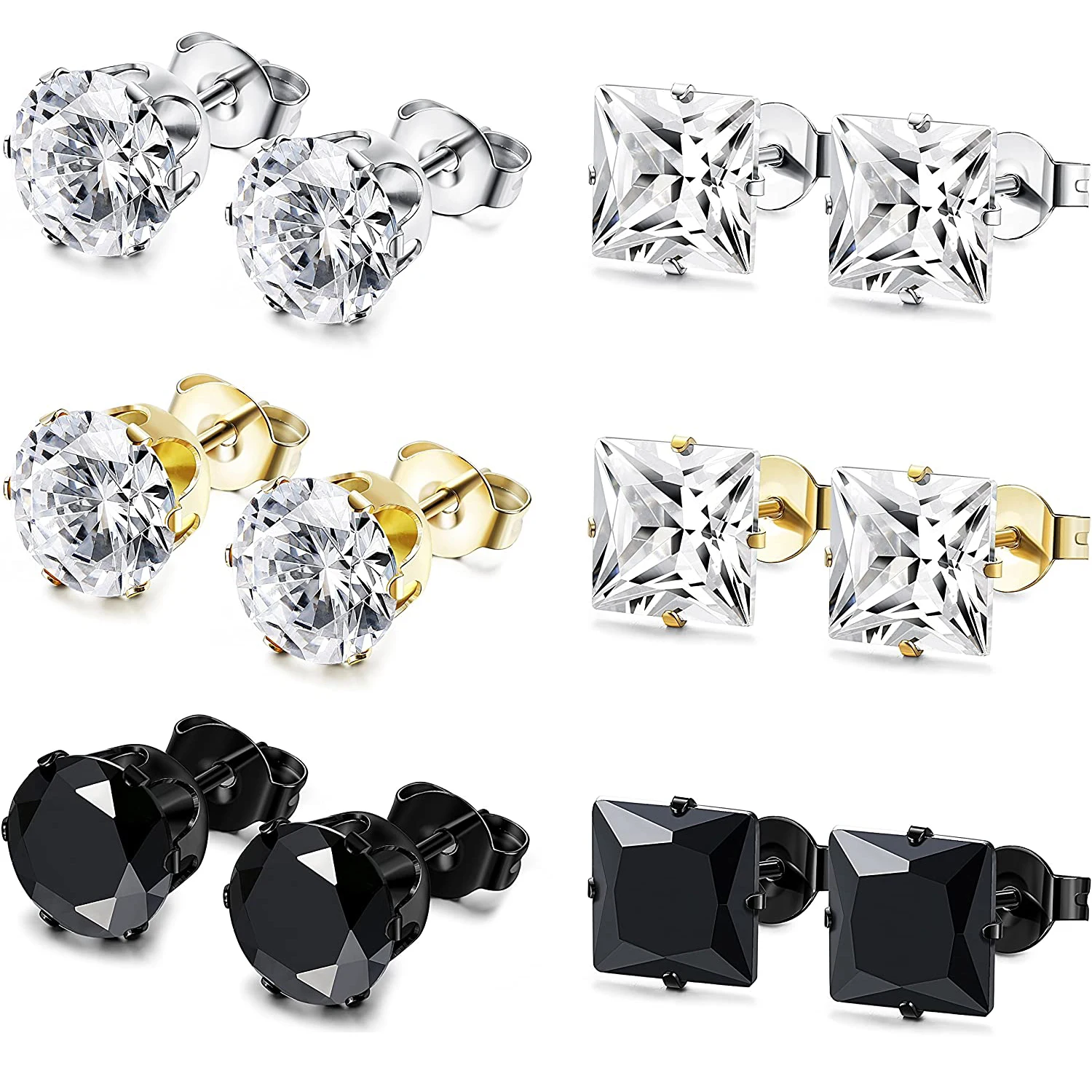 

6 Pairs Stainless Steel Stud Earrings for Men Women CZ Earrings 6MM