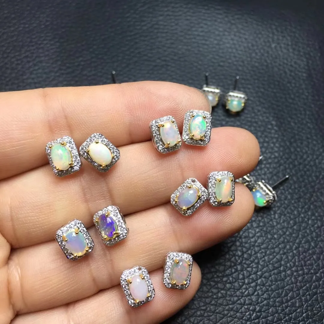 

1 Pair Fengbaowu Natural Stone Colorful Opal Earring 925 Sterling Silver Oval Cabochon Bead Fashion Jewelry Gift For Women