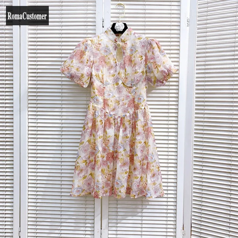 

Summer New Womens Pearl Beading Puff Sleeve Slim A-Line Dress Short Sleeve Wild Office Lady Temperament Print Trend Dress