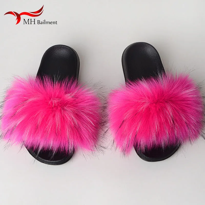 Women Summer New Artificial Fox Fur Slippers Indoor Home Furry Cute Faux Raccoon Fur Non-slip Home Shoes Outdoor Beach Sandals