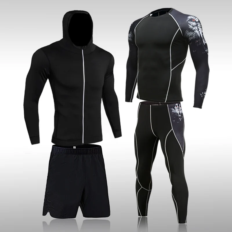

Sportswear Man Compression Sport Suits Gym Clothes Running Set Men Hooded Reflective Tracksuits Sports Joggers Training Fitness