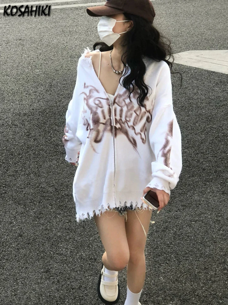

Y2k Cardigan Women Ripped Oversized Jumper Vintage Tie Dye Letter Knitted Zipper Sweater Jackets Harajuku Streetwear