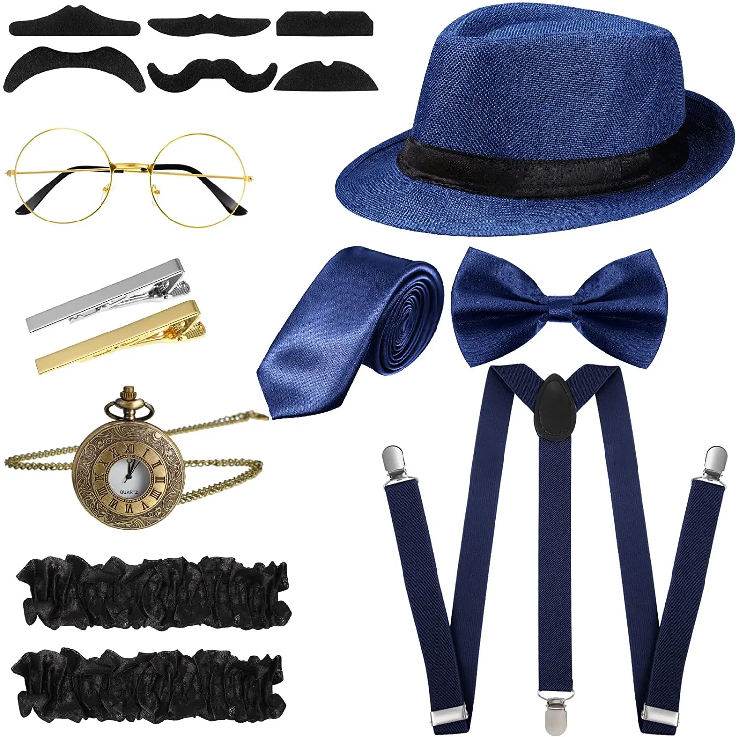 

Vintage 1920s Mens Great Gatsby Gangster Costume Accessories Set Panama Manhattan Fedora Suspenders Bow Tie Cigar Halloween2022