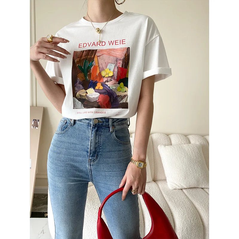 

Casual Loose Canvas Print Off Shoulder Sleeve T-shirt Women's Summer 2022 New Streetwear Women Top