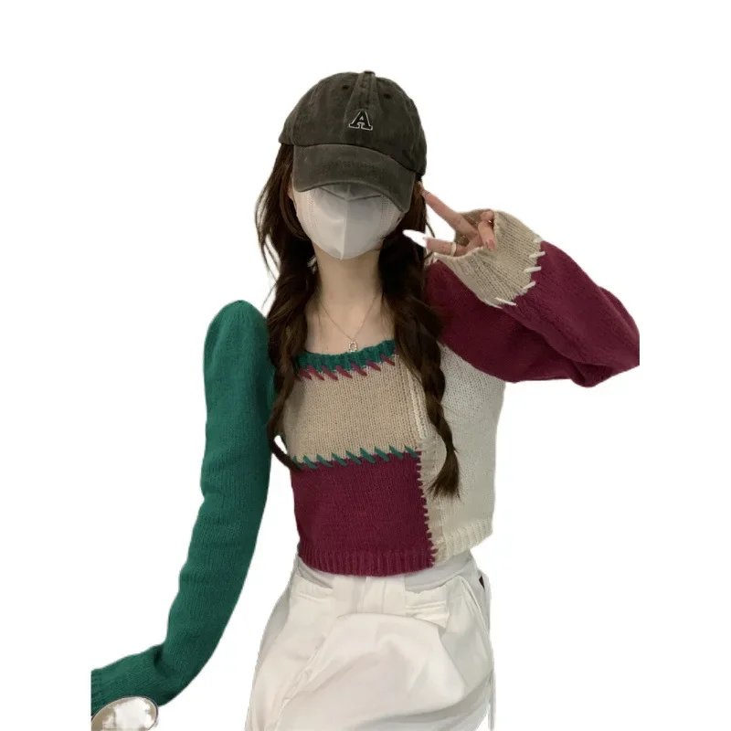 Женский осенне-зимний 2024 новый винтажный облегающий вязаный свитер с квадратным
