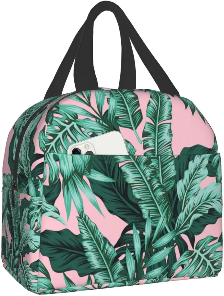 

Tropical Green Leaves Pink Exotic Banana Palm Floral Lunch Bags For Portable Cooler Tote Bag Large Reusable Insulated Lunch Box