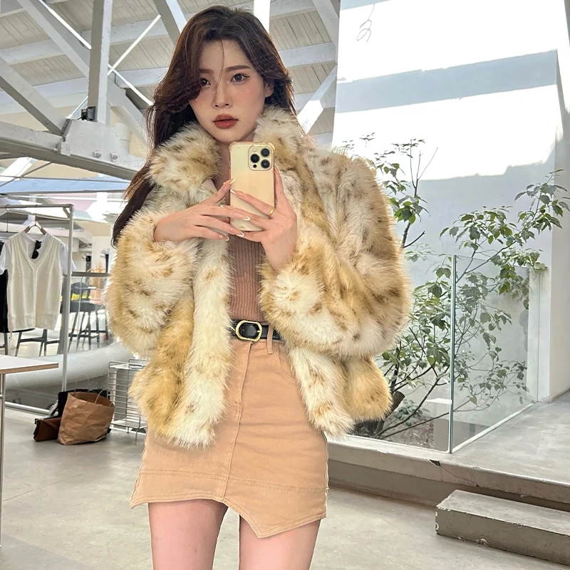 Women's Winter Jacket Mink Faux Fur Coat Thick Warm Spotted Leopard Printed Vintage Short Fluffy Jacket Overcoat Eco Fur Coat