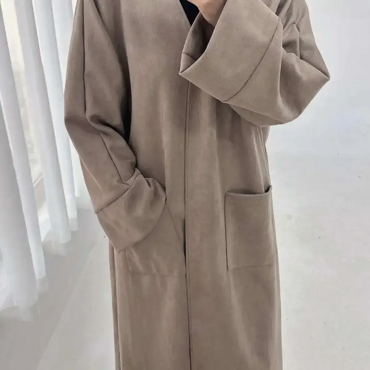 Женское замшевое кимоно с открытой абайей теплый кардиган в мусульманском стиле