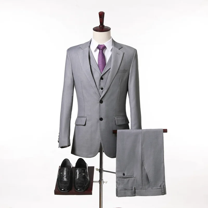 Men's Single-Breasted Grey Western Fittings Business Office Daily Banquet Wedding Groom 3 Piece Set