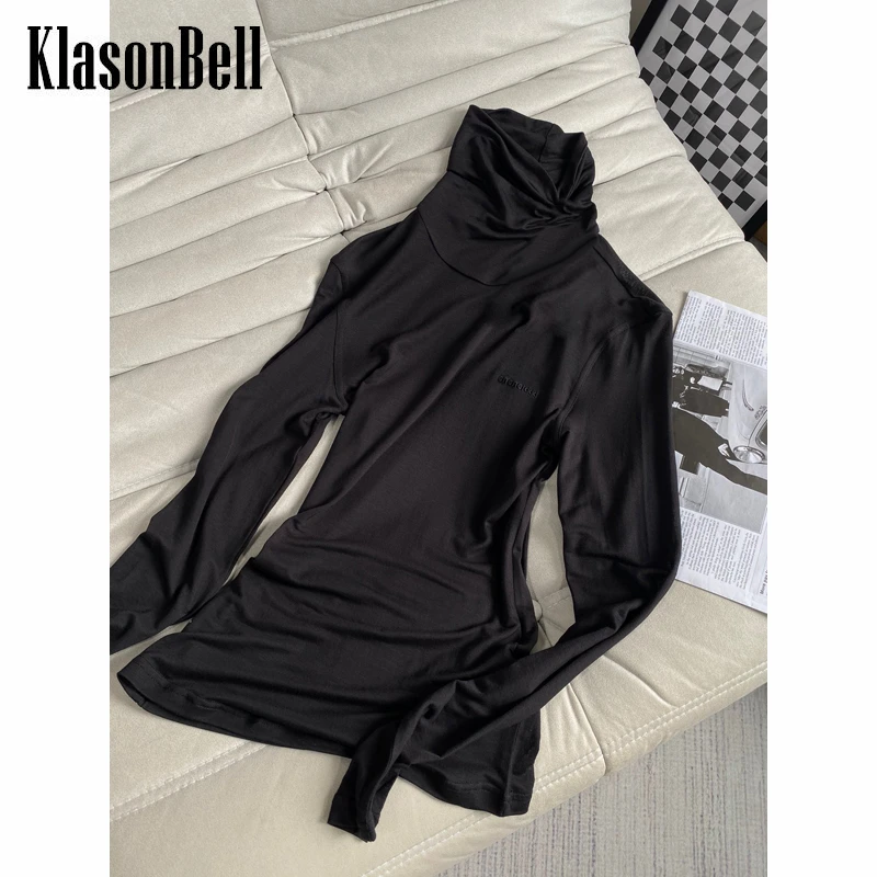 

8.6 KlasonBell Black Thin Turtleneck Long Sleeve Embroidery Letter Knitted Slim T-Shirt Women