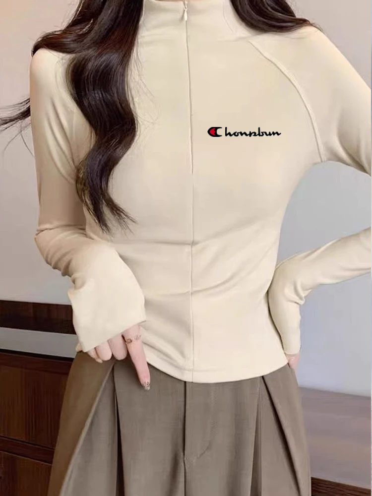 Champion Rainbow 2024 Winter New Zip-up Versatile Dralon Thickened Long sleeve Bottoming Shirt T-shirt Women Inner wear Top