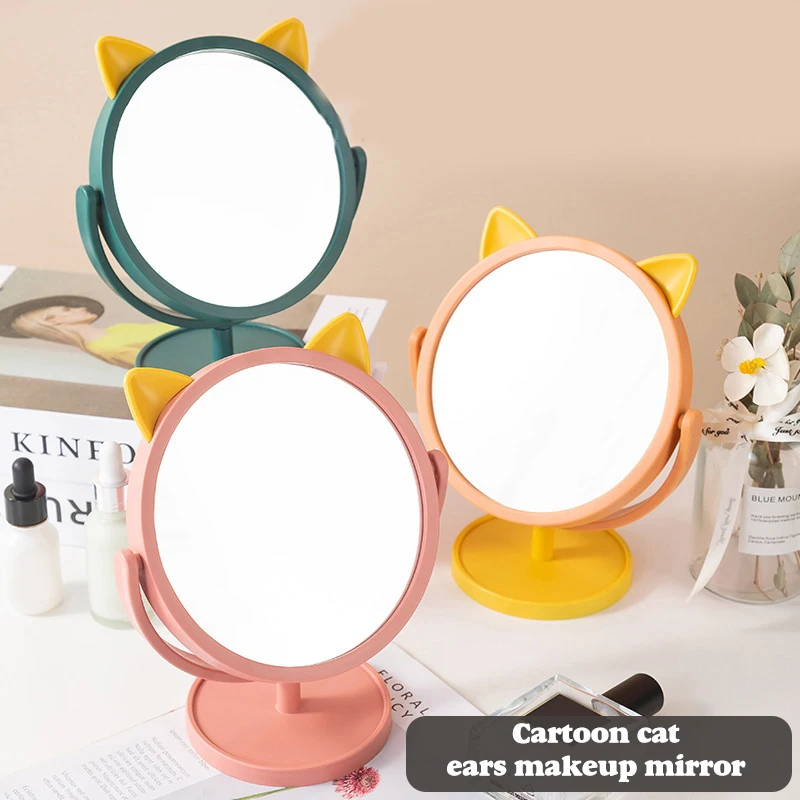 

360° Makeup Mirror Single Sided Mirror Cat Ear Shaped Round Vanity Mirror Portable Cute Round Mirror Desktop Beauty Comb