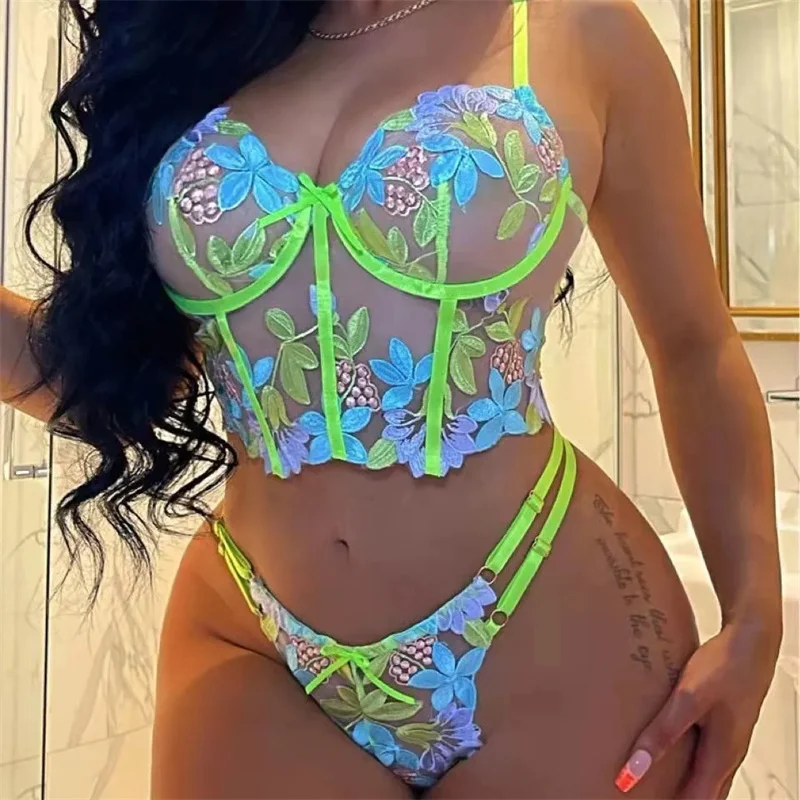 2 Pieces Sexy Embroidery Lingerie Women Floral Underwire Bra Thongs Exotic Intimate Neon Green Underwear Brief