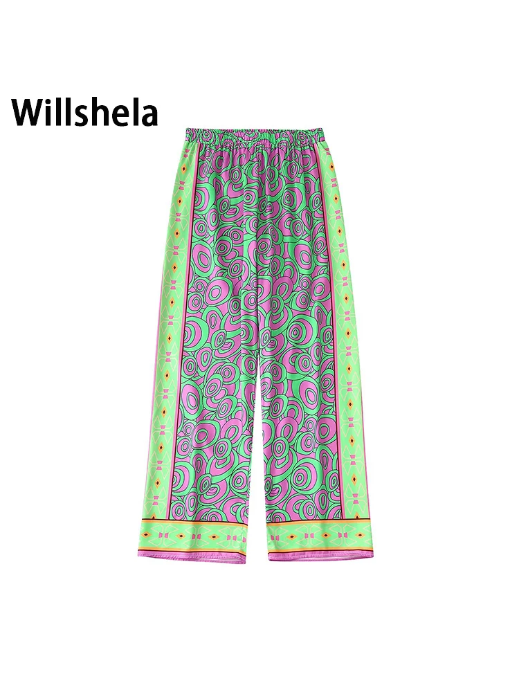 

Willshela Women Fashion Printed Elastic Waist Trousers Vintage Full Length Mid Waist Female Chic Lady Straight Pants