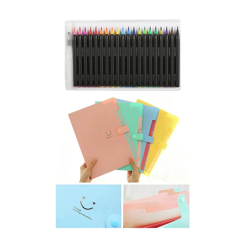 

20 Color Premium Painting Soft Brush Pen Watercolor Markers Pen & Plastic Expanding File Folders 5-Pocket A4 Letter Size