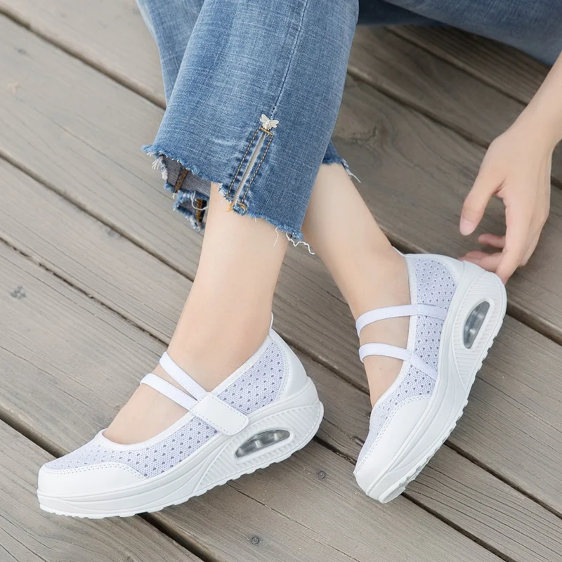 Summer walking shoes white breathable thick bottom heightening casual shoes light and fashionable air cushion flat nurse shoes