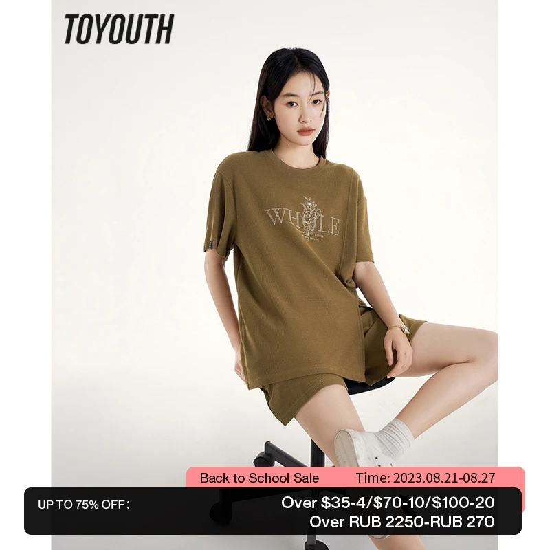 

Toyouth Women T-shirt 2023 Summer Short Sleeve O Neck Loose Tees Waffle Fabric Split Hem Casual Chic Oversized Olive Green Tops