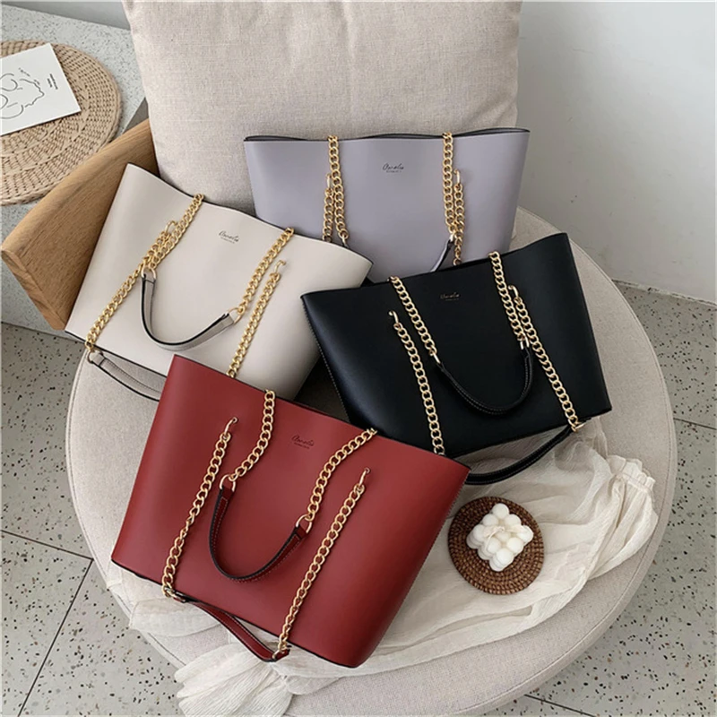 

Solid Color PU Leather Shoulder Bags For Women Chain Design Large Capacity Tote Bag Luxury Hand Bag Female Top-Handle Bag