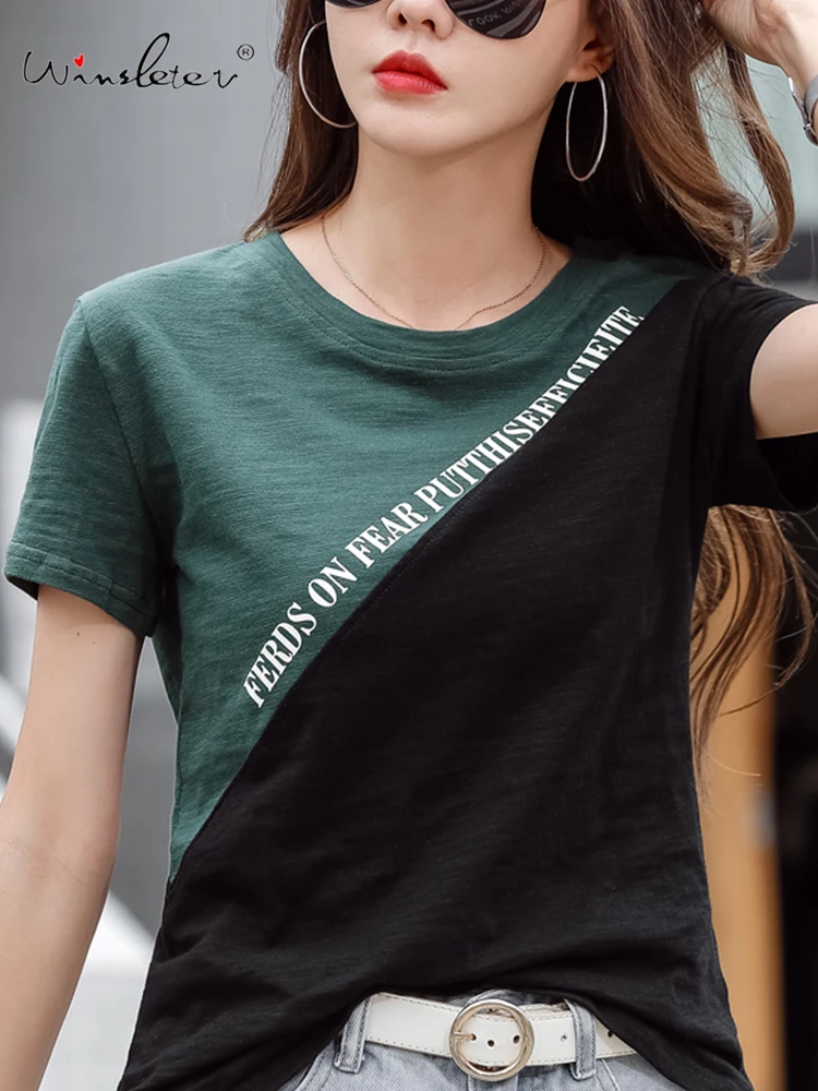 

Женская хлопковая футболка с коротким рукавом, с круглым вырезом