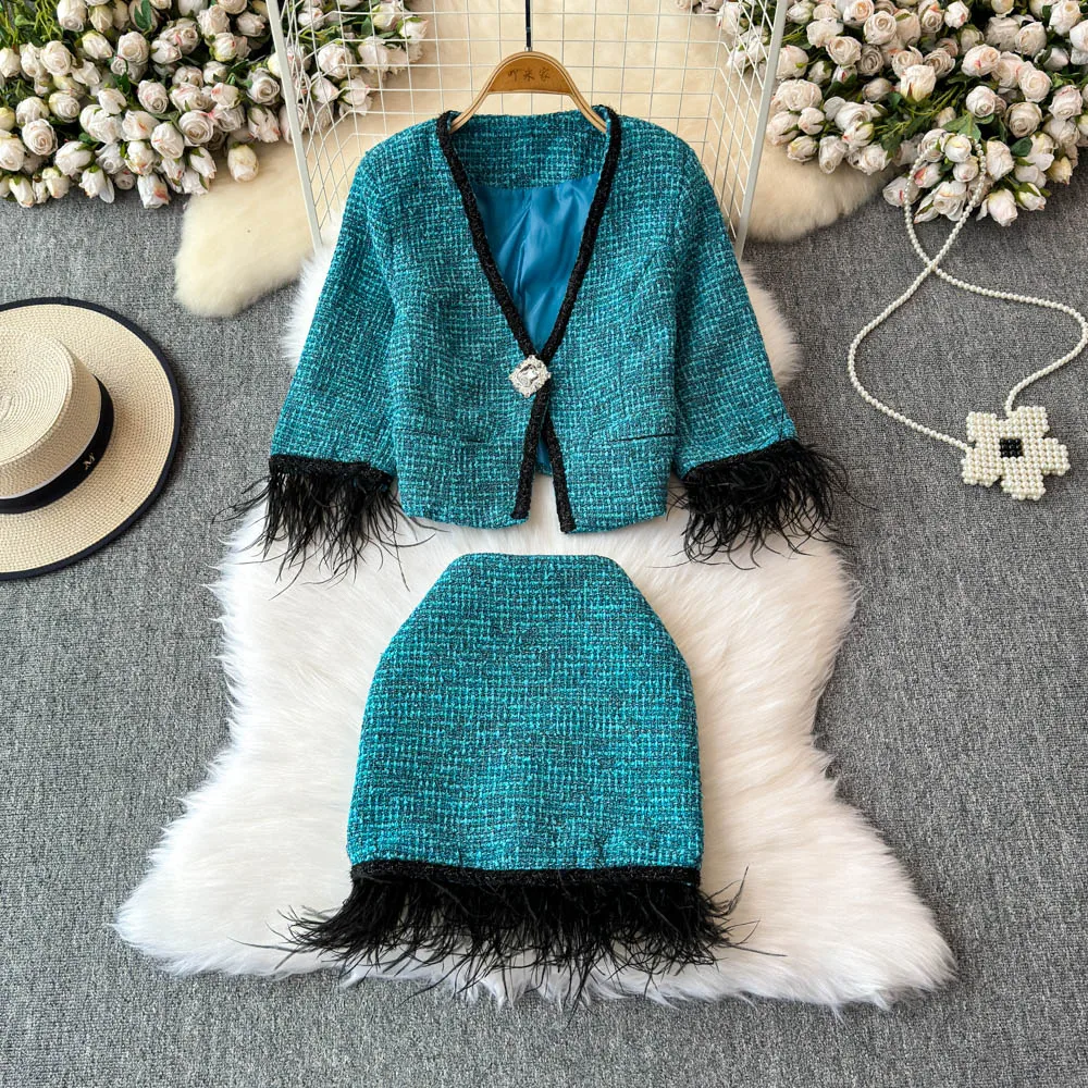 Зимние твидовые женские костюмы с меховым пером комплекты верхней юбки комплект