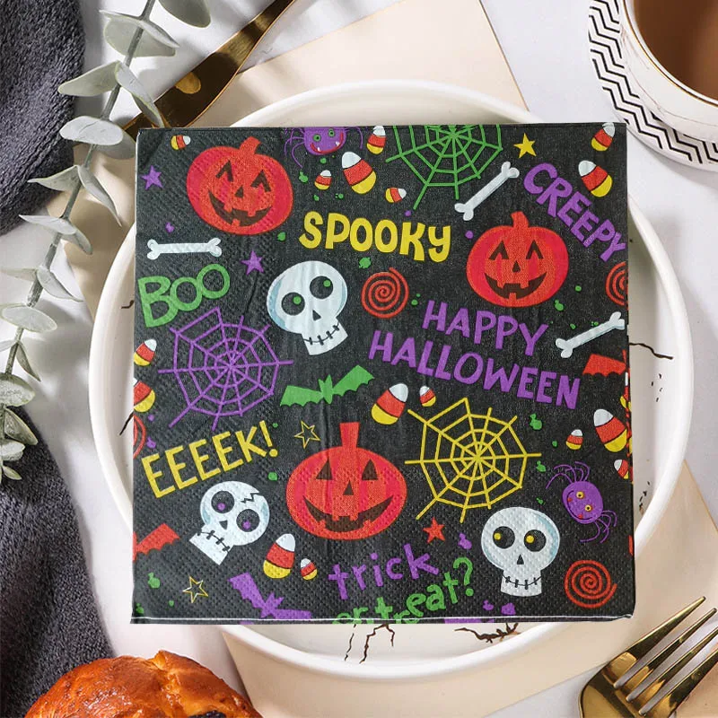 

20PCS Halloween Pumpkin Skull Napkins Articles For Decoupage Vintage Crafts Large Size Paper Spider Web Bat Disposable Tableware
