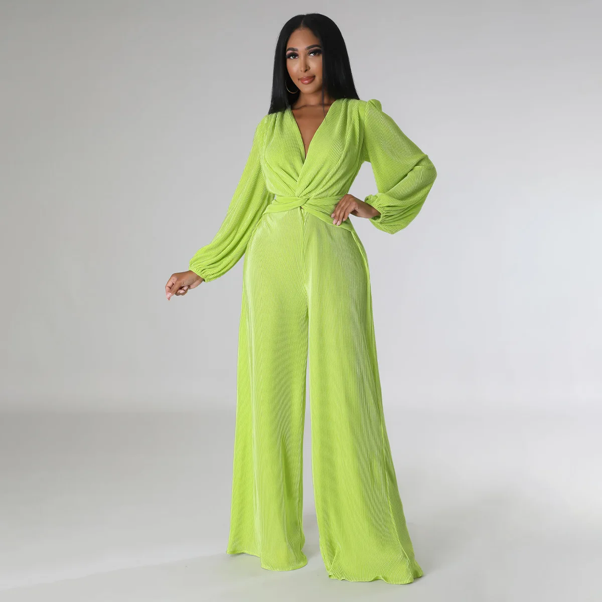 

Spring Autumn Fashion Pleated Jumpsuit Casual Women 2023 Elegant Sexy V-Neck Puffy Long Sleeve Party One Piece Wide Leg Rompers