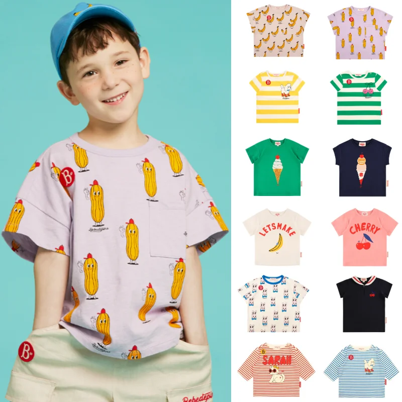 

spot 베베 2023 Spring and Summer New Children's Cartoon Cherry Broccoli Print T-shirt for Children's Korean Underlay 초등 여아 옷