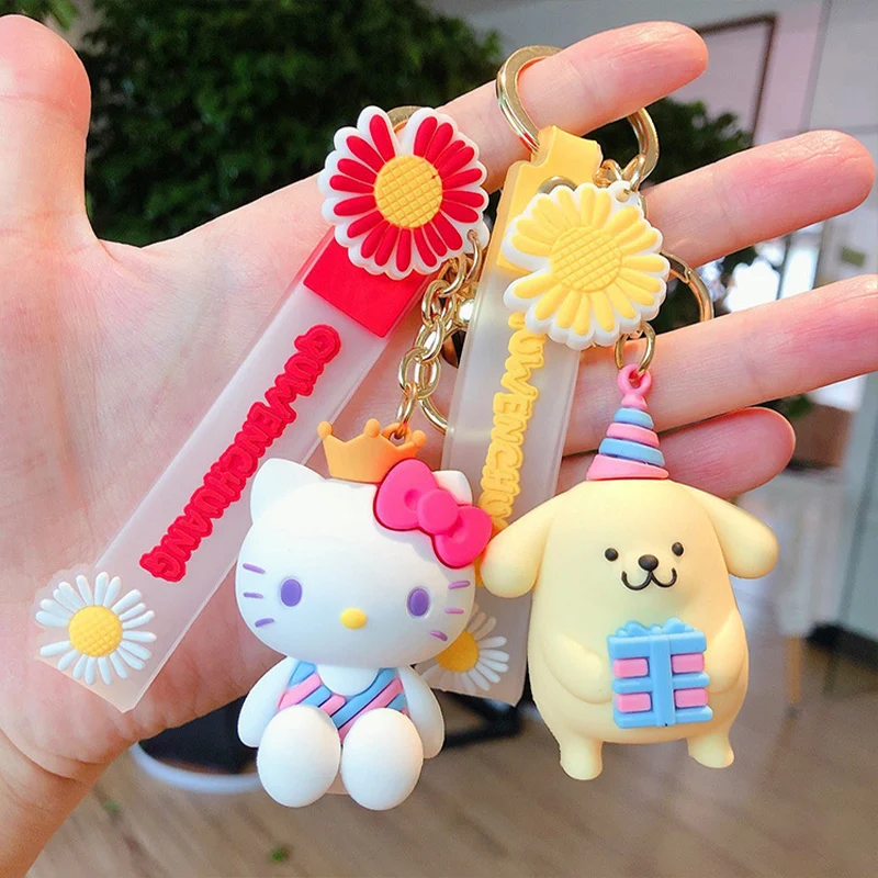 Sanrio Little Flower Keychain Kawaii Cinnamoroll Hello Kitty Cartoon Children Toy Backpack Pendant Car Keyring Jewelry Gift