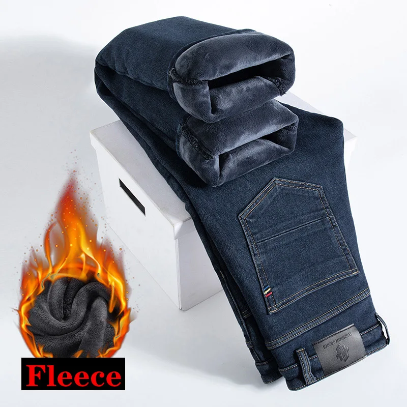 

Мужские теплые джинсы с флисовой подкладкой, синие повседневные брюки из плотной джинсовой стрейч ткани, Классический крой, для зимы, 2023