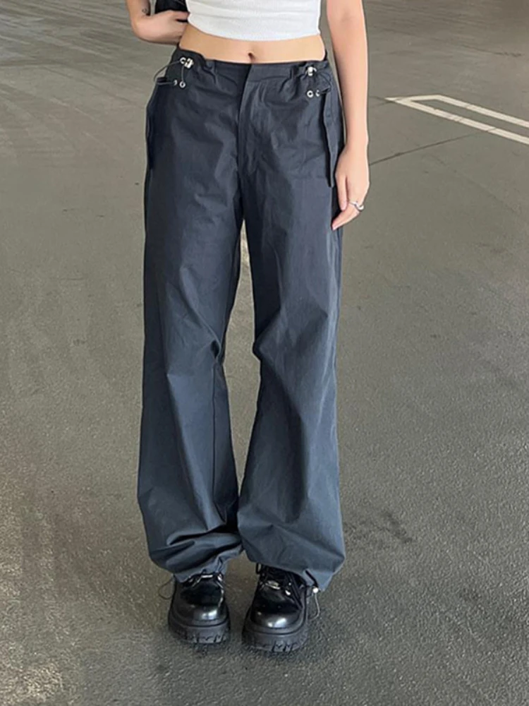 

Женские уличные леггинсы с высокой талией и металлической пряжкой, серые повседневные брюки с широкими штанинами, новинка 2022