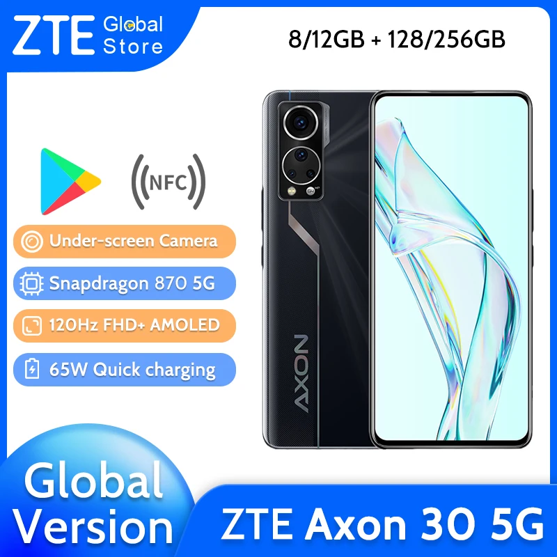Global Version ZTE Axon 30 Under Screen Camera Smartphone AMOLED 120HZ Display Snapdragon 870 65W FastCharge Gaming 5G Phone