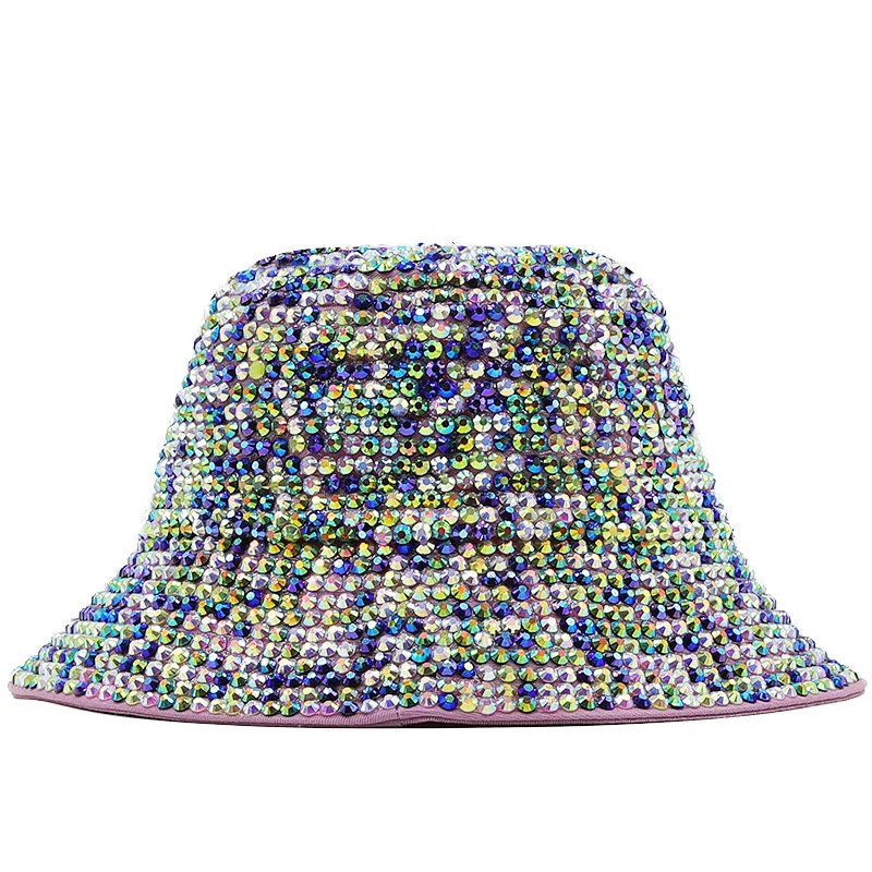 Luxury Diamond Bucket Hat Women Reversible Pu and Rap Soild Sun Hat Bob Panama Singer Girl Party Bling Show Fisherman Hat