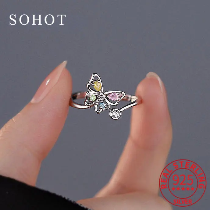 

Real 925 Sterling Silver Zircon Ice Butterflies Adjustable Ring For Charm Women OL Fine Jewelry Minimalist Accessories