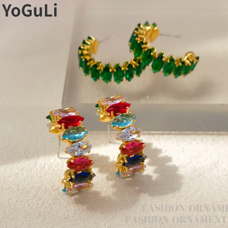 

Modern Jewelry 925 Silver Needle High Quality Brass Colorful Green Glass Earrings For Women Girl Luxury Temperament Gift