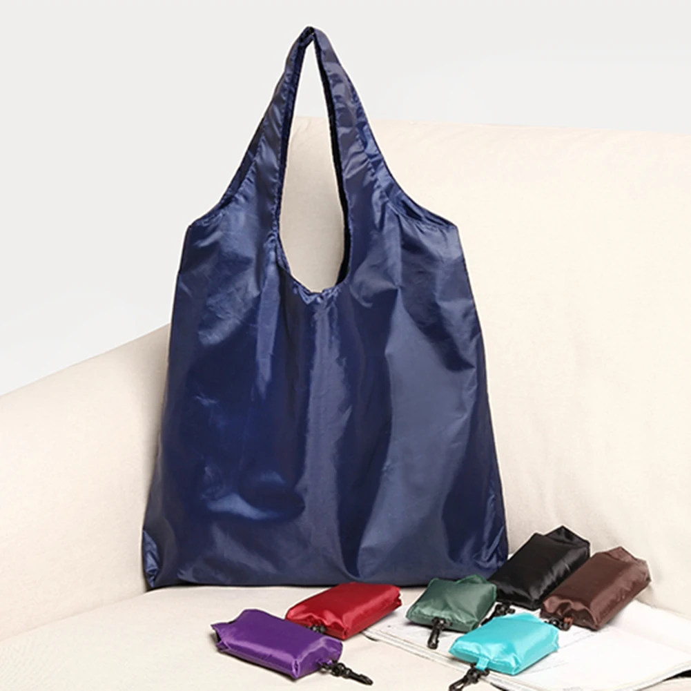 

1pc Portable Reusable Shopping Bag Oxford Washed Solid Color Grocery Purse Foldable Waterproof Ripstop Shoulder Handbag