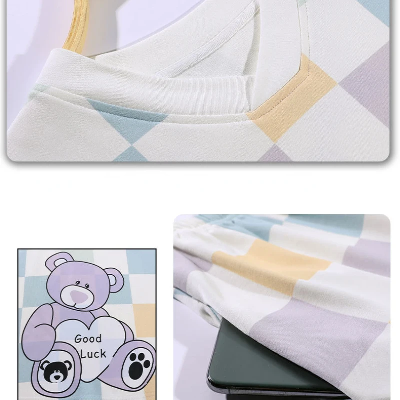 Pajamas for Women Summer Thin Cool Pure Cotton Grid Short-sleeved Cropped Pants Breathable and Soft Sleepwear Casual Home Suit