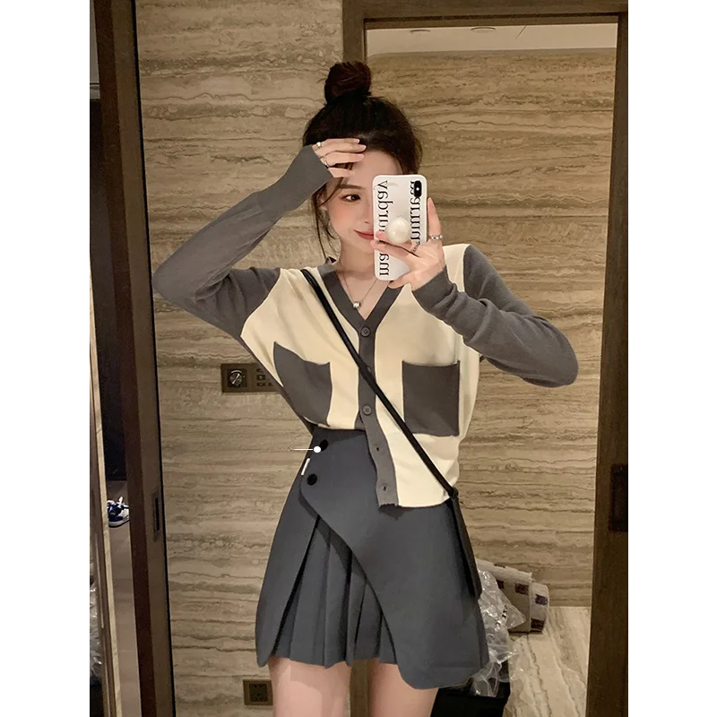 

WDMSNA тонкий свитер с длинным рукавом, пальто для женщин, осень 2022, новый корейский шикарный трикотажный кардиган с V-образным вырезом, однобор...