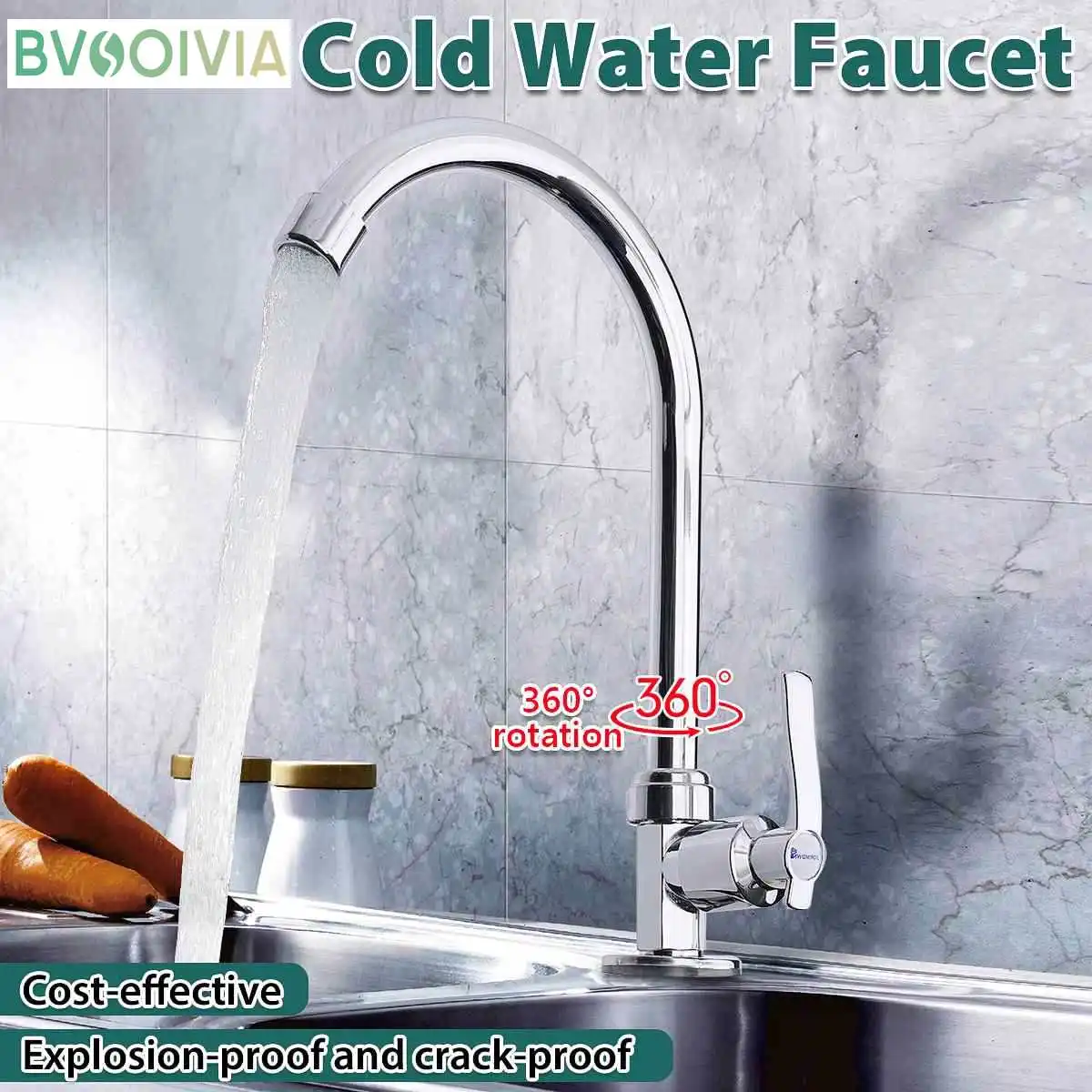 

BVSOIVIA Kitchen Sink Faucets Water Basin Faucet 360 Rotation Single Holder Stainless Steel Only Cold Tap Water Faucet Sink