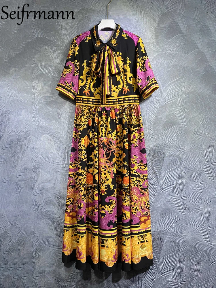 Seifrmann High Quality Summer Women Fashion Runway Big Swing A-Line Dress Style Bow Short Sleeve High Waist Printed Long Dresses