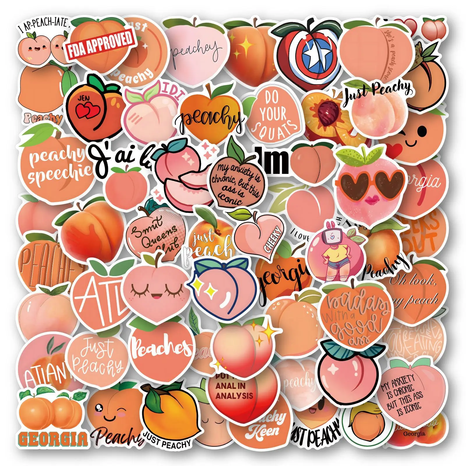 

60pcs Cartoon Cute Peach Stickers for Laptop Ipad Stationery Scrapbook Craft Supplies Guitar Pink Sticker Scrapbooking Material