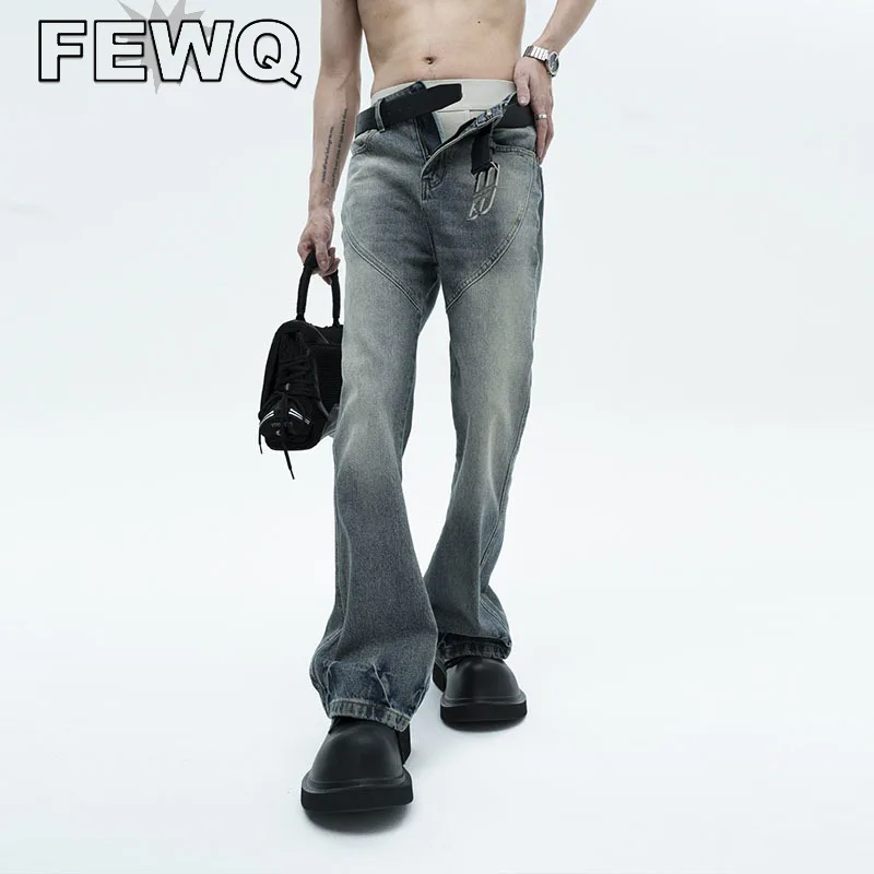 

FEWQ American Stylish Men's Jeasn Wornout Male Vintage Pants Casual Denim Trousers High Street Mirco Flared Spliced Tide 24B3111