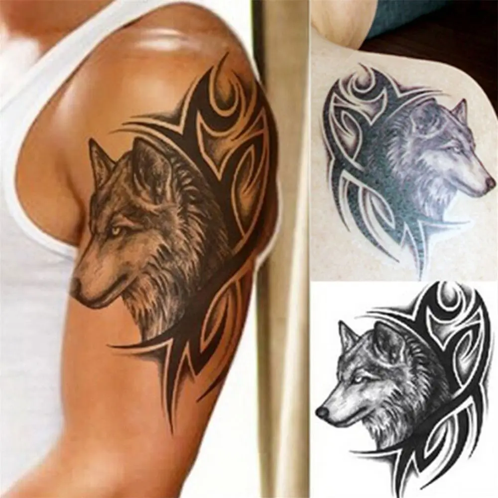 

2pcs Wolf Head Temporary Tattoo Sticker Waterproof Tatto Warrior Soldier Body Art Fake Tatoo Men Women Large Arm Sleeve Tattoo