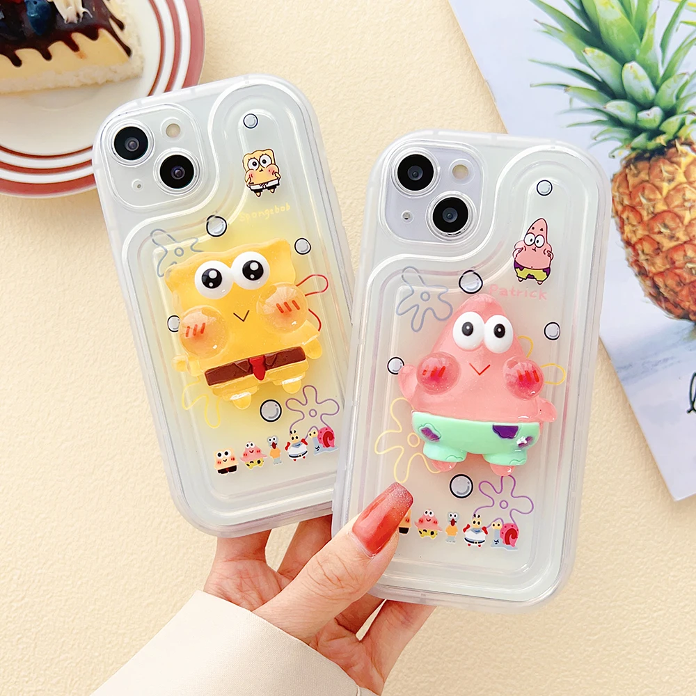 

Cartoon SpongeBobs SquarePants with Bracket Air Bag Phone Case for IPhone 14 13 12 11 Pro Max X XR XS MAX 7 8Plus Back Cover
