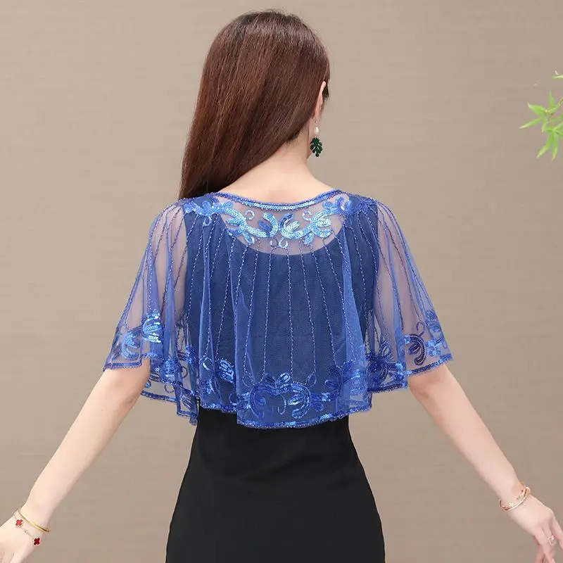 Женская короткая накидка с блестками элегантная блестящая круглым вырезом и