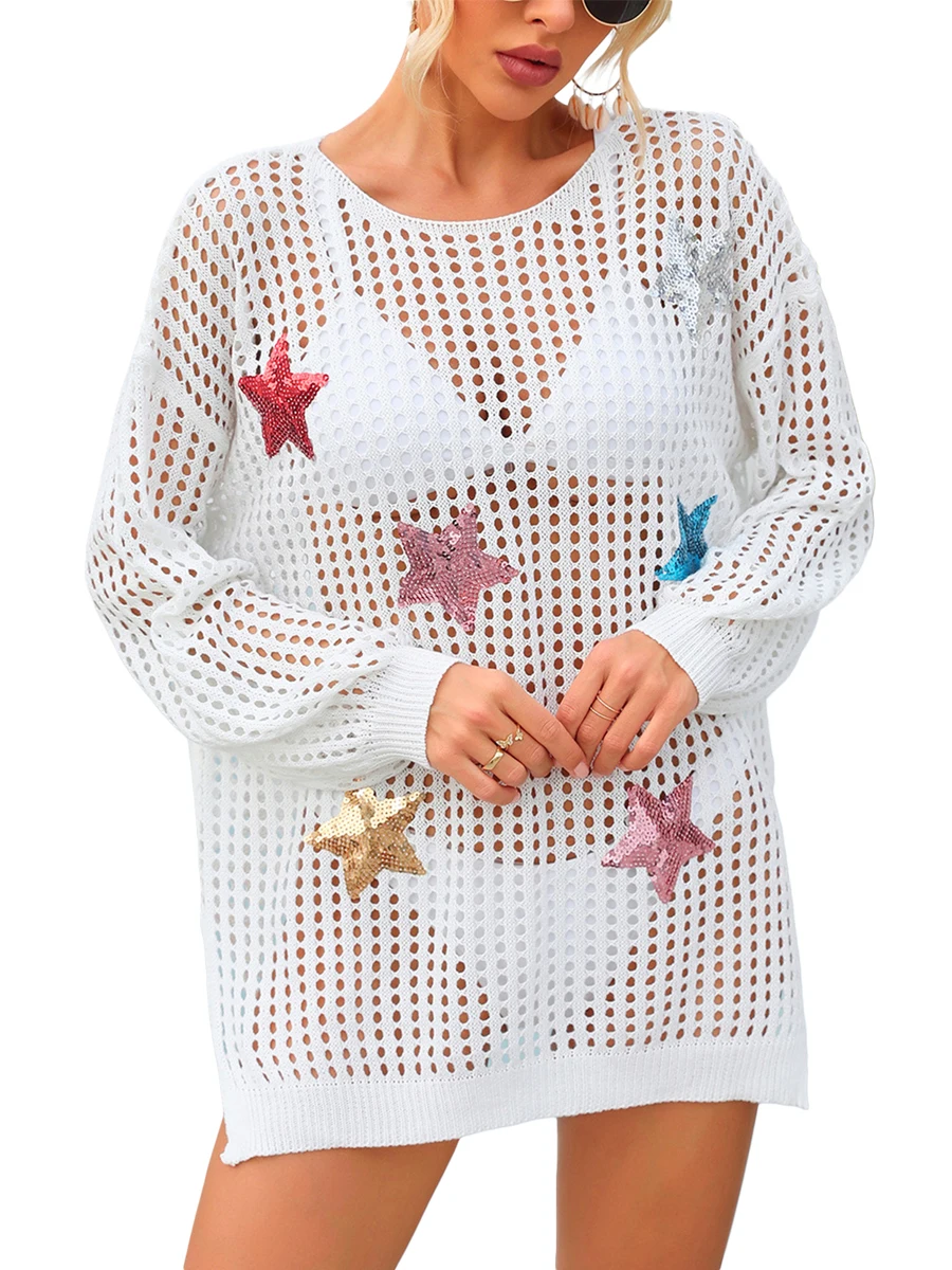 

Женские накидки для бикини, Пляжное мини-платье со звездами и круглым вырезом, прозрачная ажурная блузка для плавания, Солнцезащитная блузка